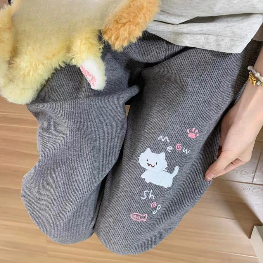 Japanese Autumn Grunge Fairy Trousers Y2k Aesthetic Kawaii Embroidery Cat Straight Pants Loose Vintage Casual Pantalones Women