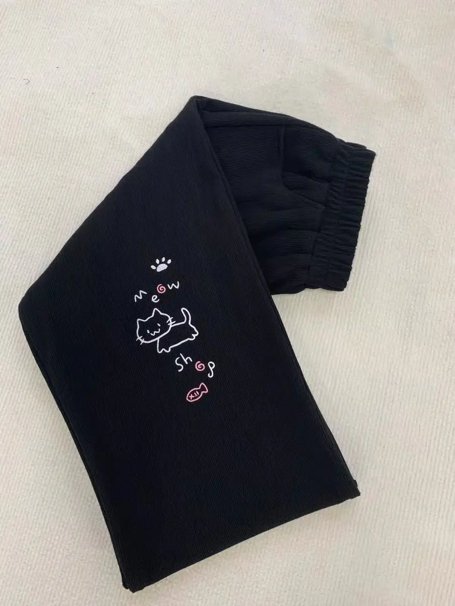 Japanese Autumn Grunge Fairy Trousers Y2k Aesthetic Kawaii Embroidery Cat Straight Pants Loose Vintage Casual Pantalones Women