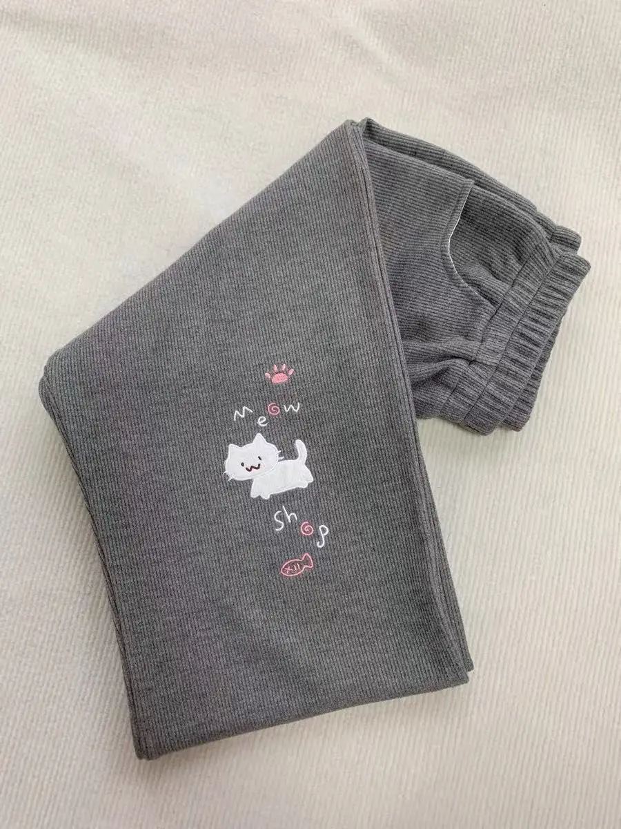 Japanese Autumn Grunge Fairy Trousers Y2k Aesthetic Kawaii Embroidery Cat Straight Pants Loose Vintage Casual Pantalones Women