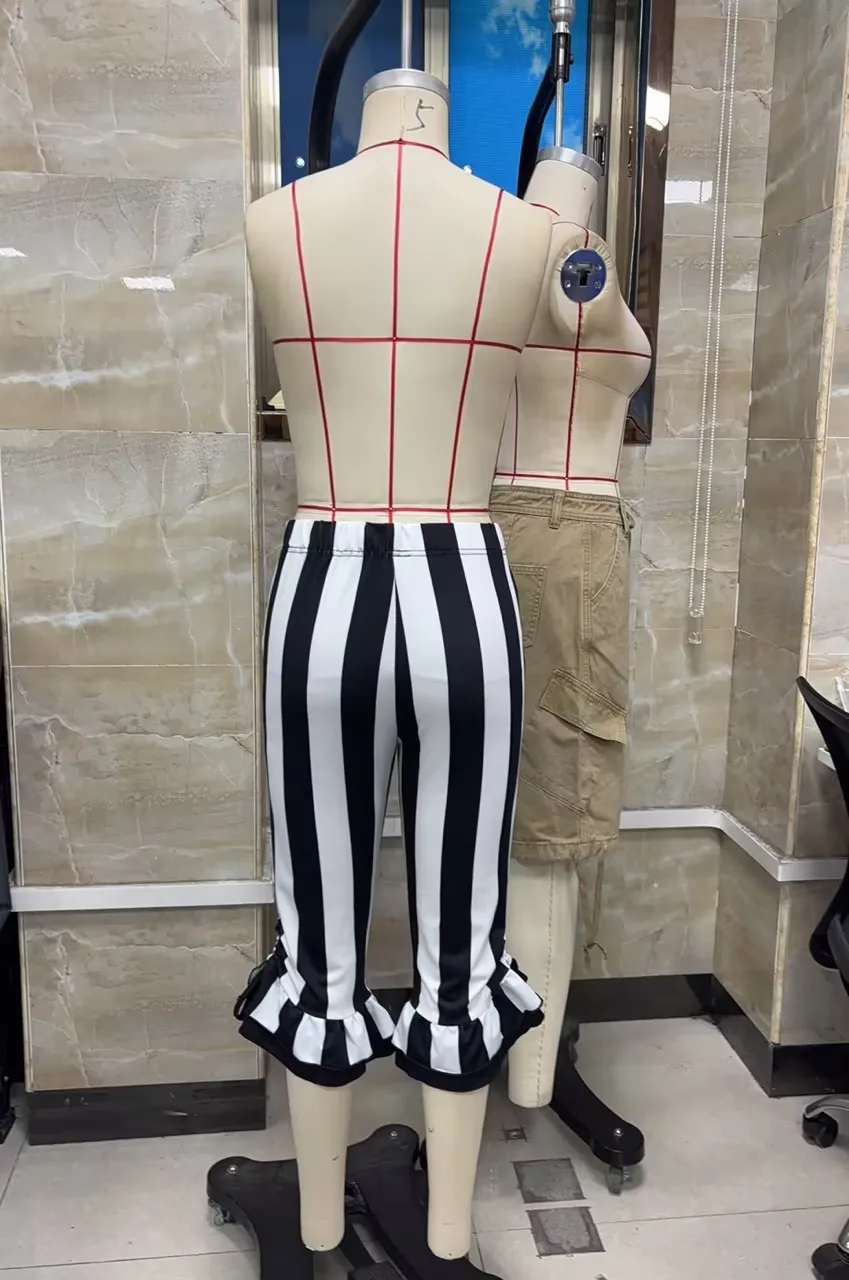 Women Striped Capri Pants with Ruffle Hem and Drawstring Detail High Waist Gothic Punk Style Cropped Trousers Halloween Costumes