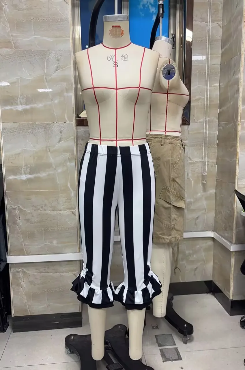 Women Striped Capri Pants with Ruffle Hem and Drawstring Detail High Waist Gothic Punk Style Cropped Trousers Halloween Costumes