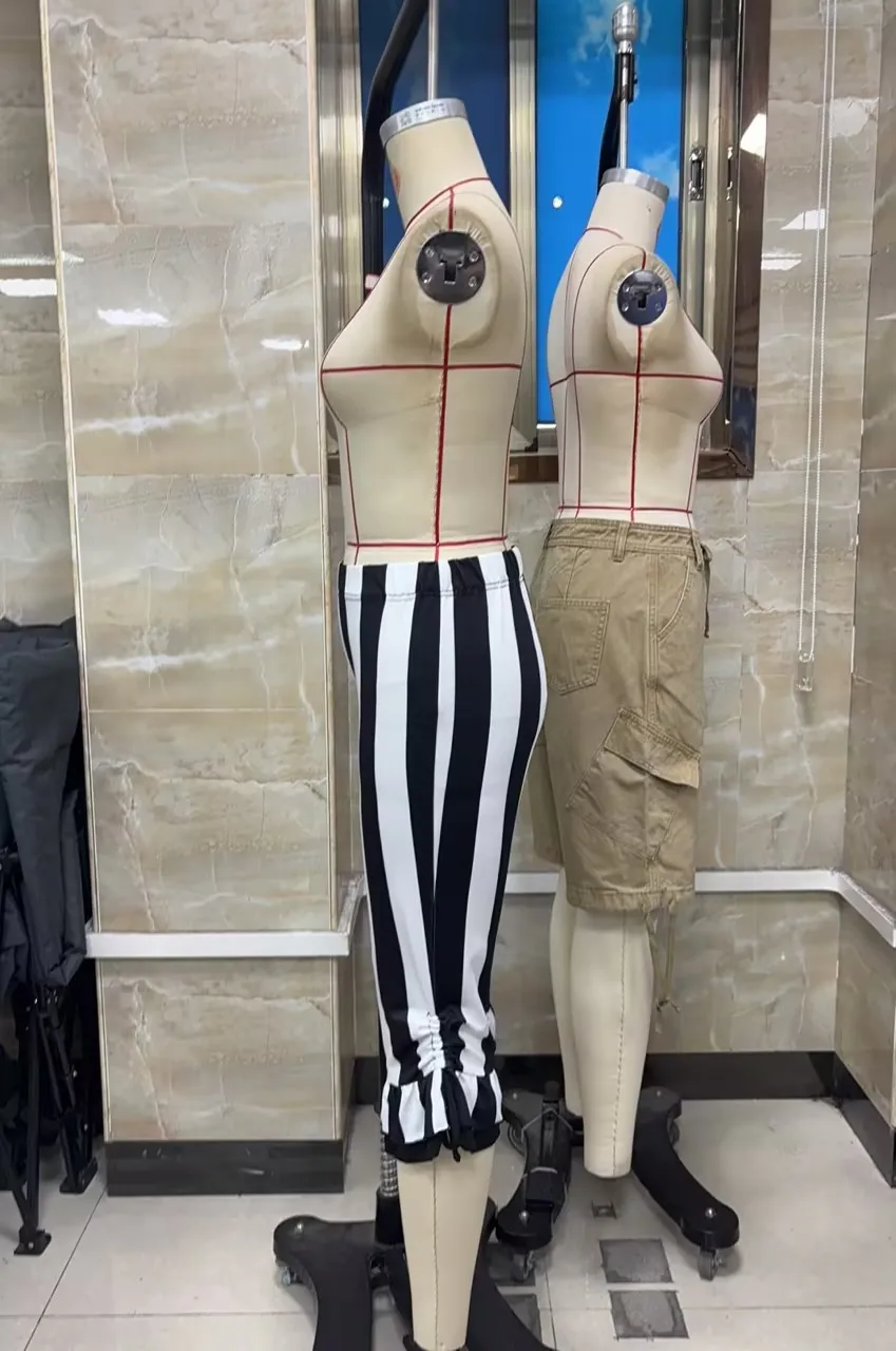 Women Striped Capri Pants with Ruffle Hem and Drawstring Detail High Waist Gothic Punk Style Cropped Trousers Halloween Costumes