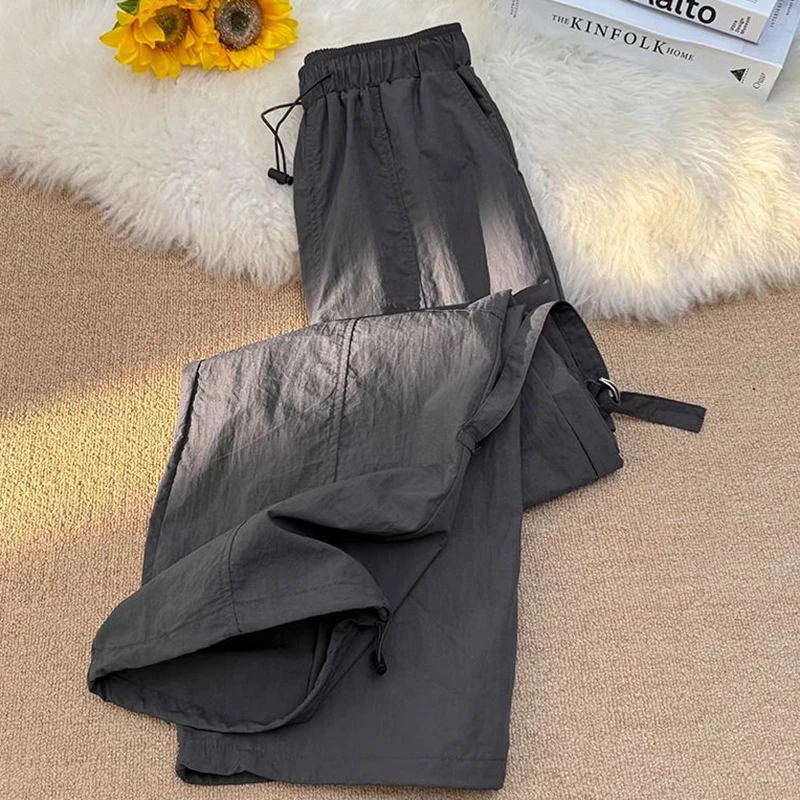 Women's New Loose Drawstring Parachute Pants Harajuku Big Pockets Cargo Pants Summer 2025 Fashion High Waist Wide-Leg Trousers