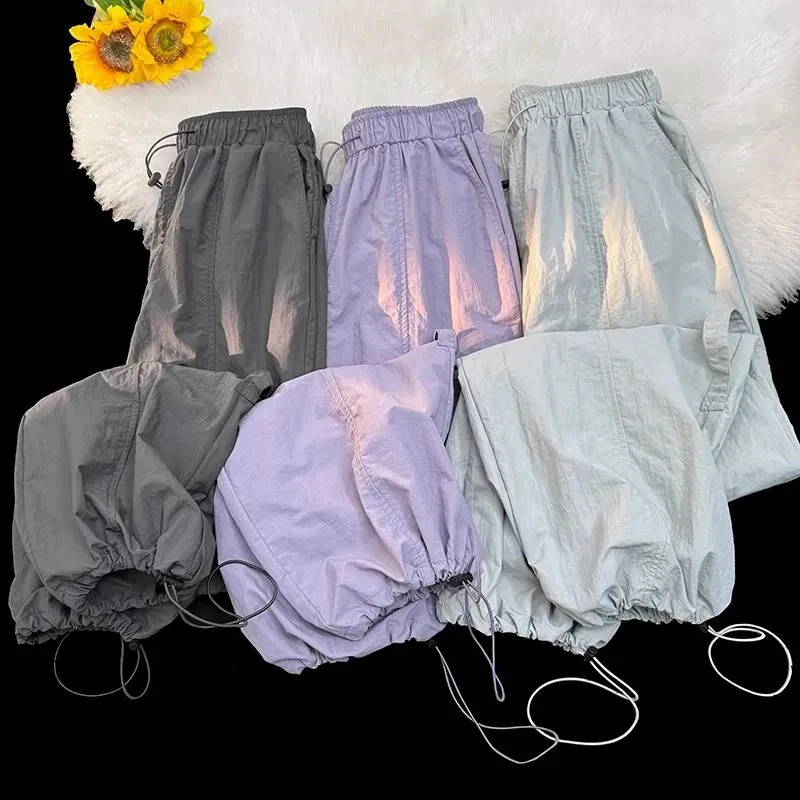 Women's New Loose Drawstring Parachute Pants Harajuku Big Pockets Cargo Pants Summer 2025 Fashion High Waist Wide-Leg Trousers