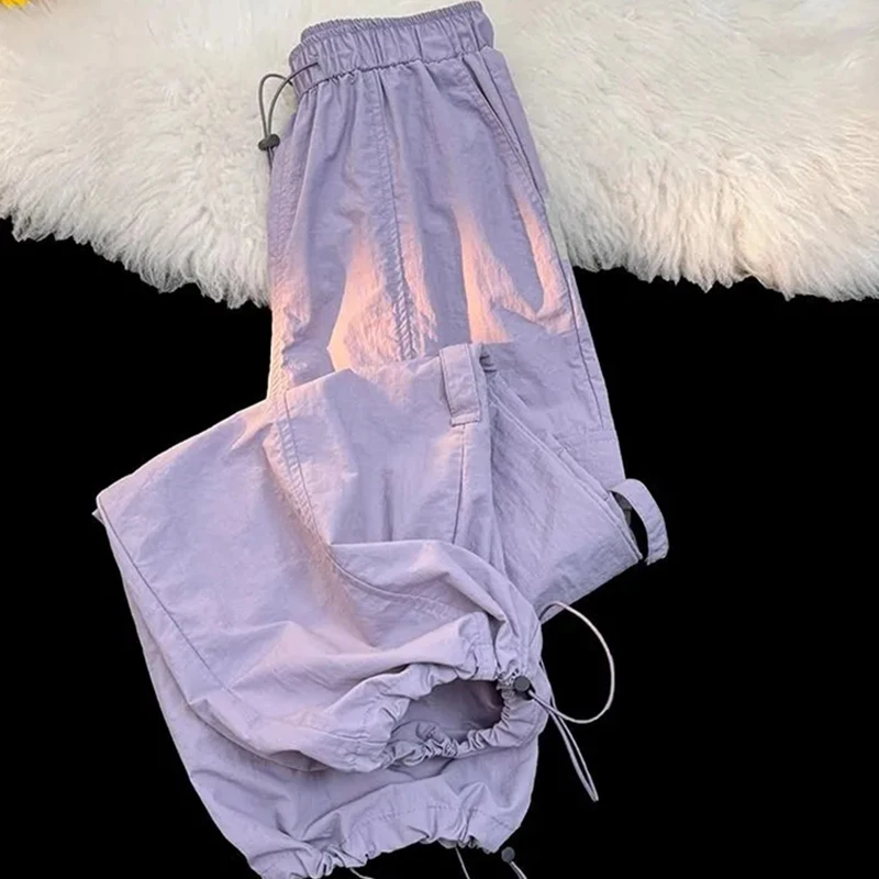 Women's New Loose Drawstring Parachute Pants Harajuku Big Pockets Cargo Pants Summer 2025 Fashion High Waist Wide-Leg Trousers