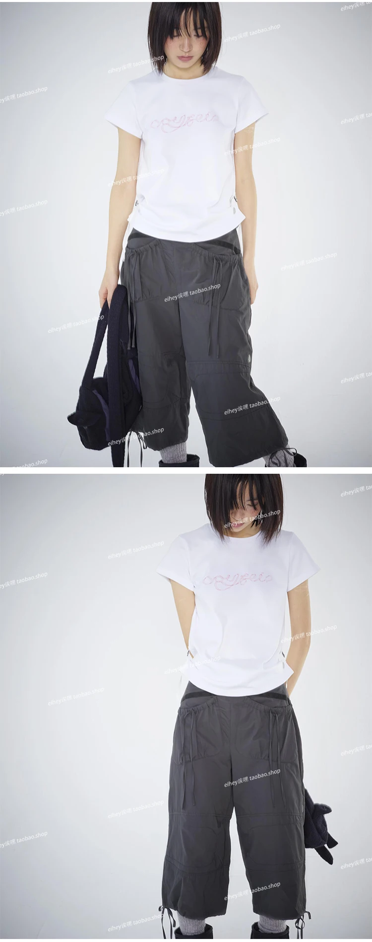 Vintage Drawstring Cargo Pants Women Loose Fit American Retro Utility Capri Pants with Multi-Pockets Streetwear Casual Fashion