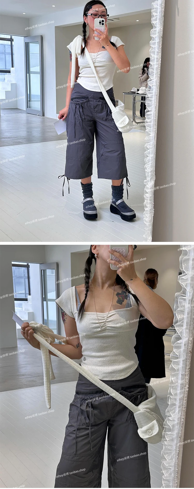 Vintage Drawstring Cargo Pants Women Loose Fit American Retro Utility Capri Pants with Multi-Pockets Streetwear Casual Fashion