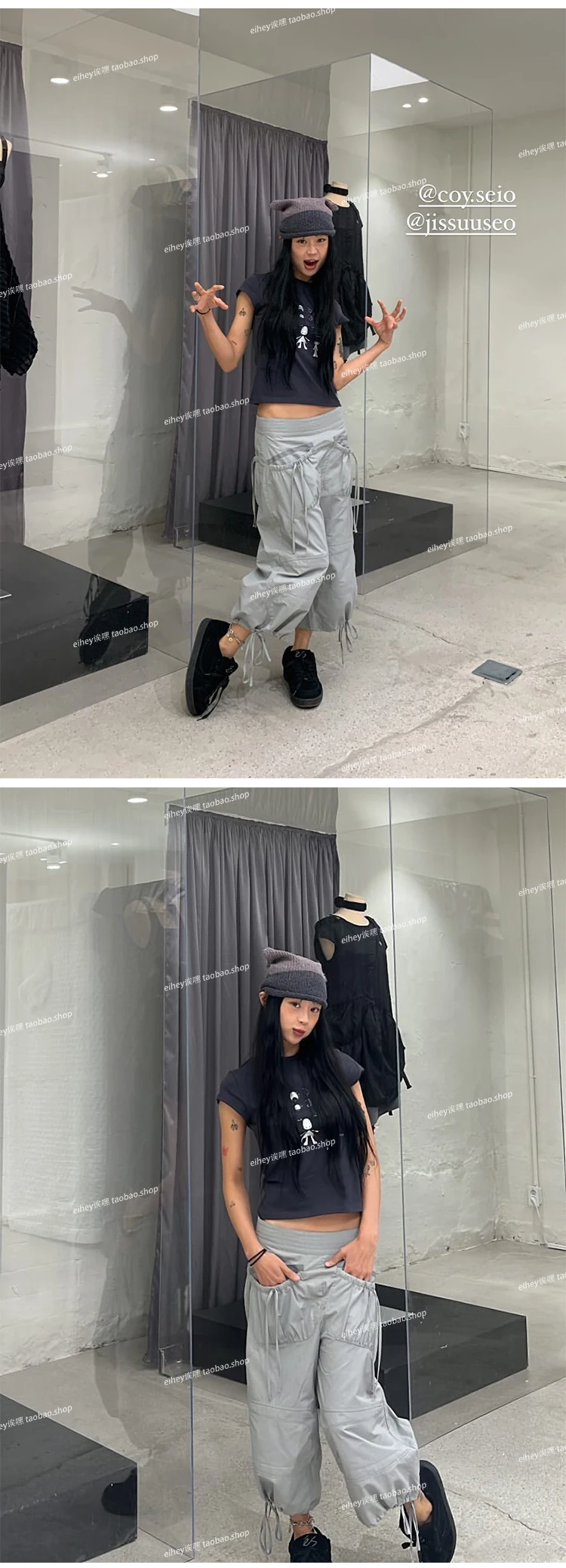 Vintage Drawstring Cargo Pants Women Loose Fit American Retro Utility Capri Pants with Multi-Pockets Streetwear Casual Fashion