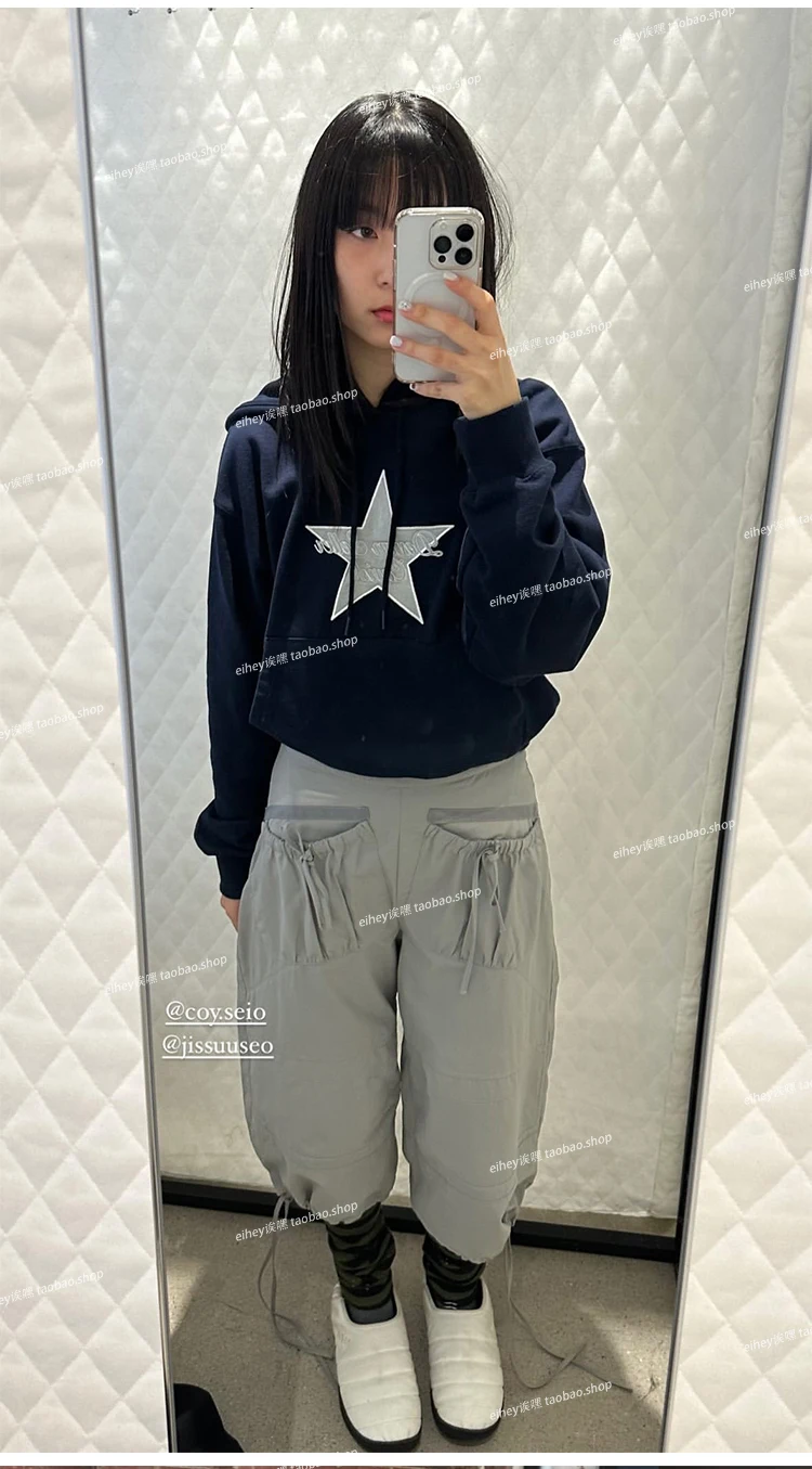 Vintage Drawstring Cargo Pants Women Loose Fit American Retro Utility Capri Pants with Multi-Pockets Streetwear Casual Fashion