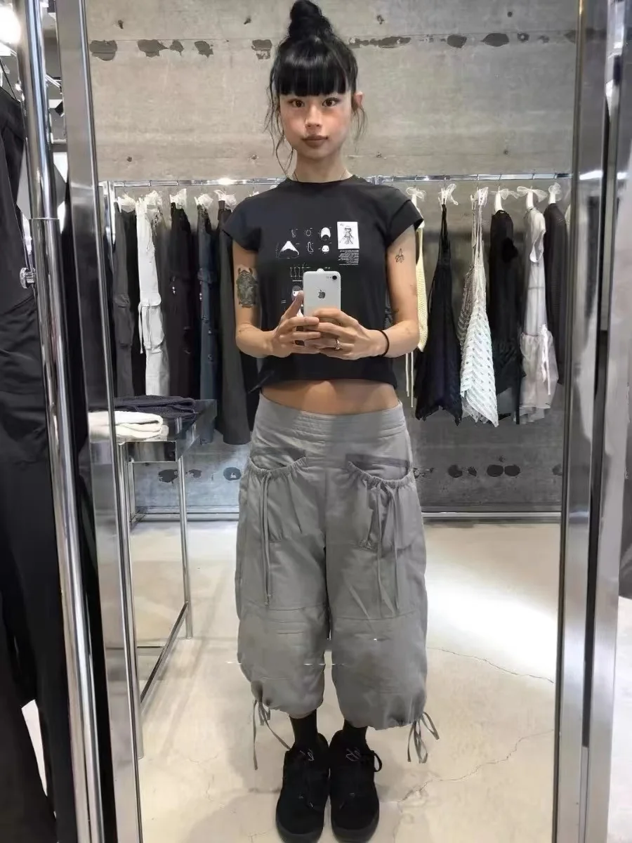 Vintage Drawstring Cargo Pants Women Loose Fit American Retro Utility Capri Pants with Multi-Pockets Streetwear Casual Fashion
