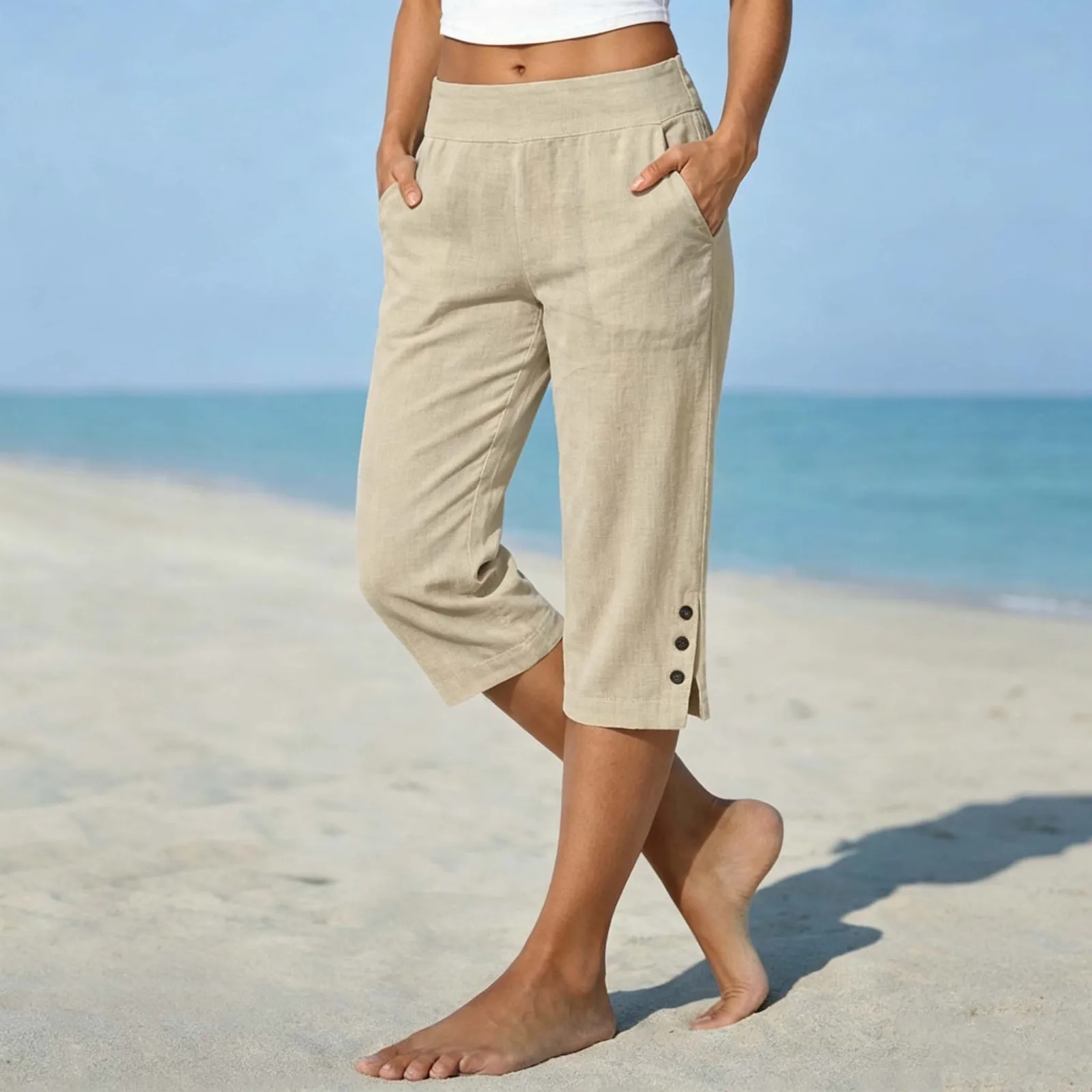 Women Summer Casual Vacation Capri Pants Elastic Straight Leg Split Slits Casual Pants With Pockets