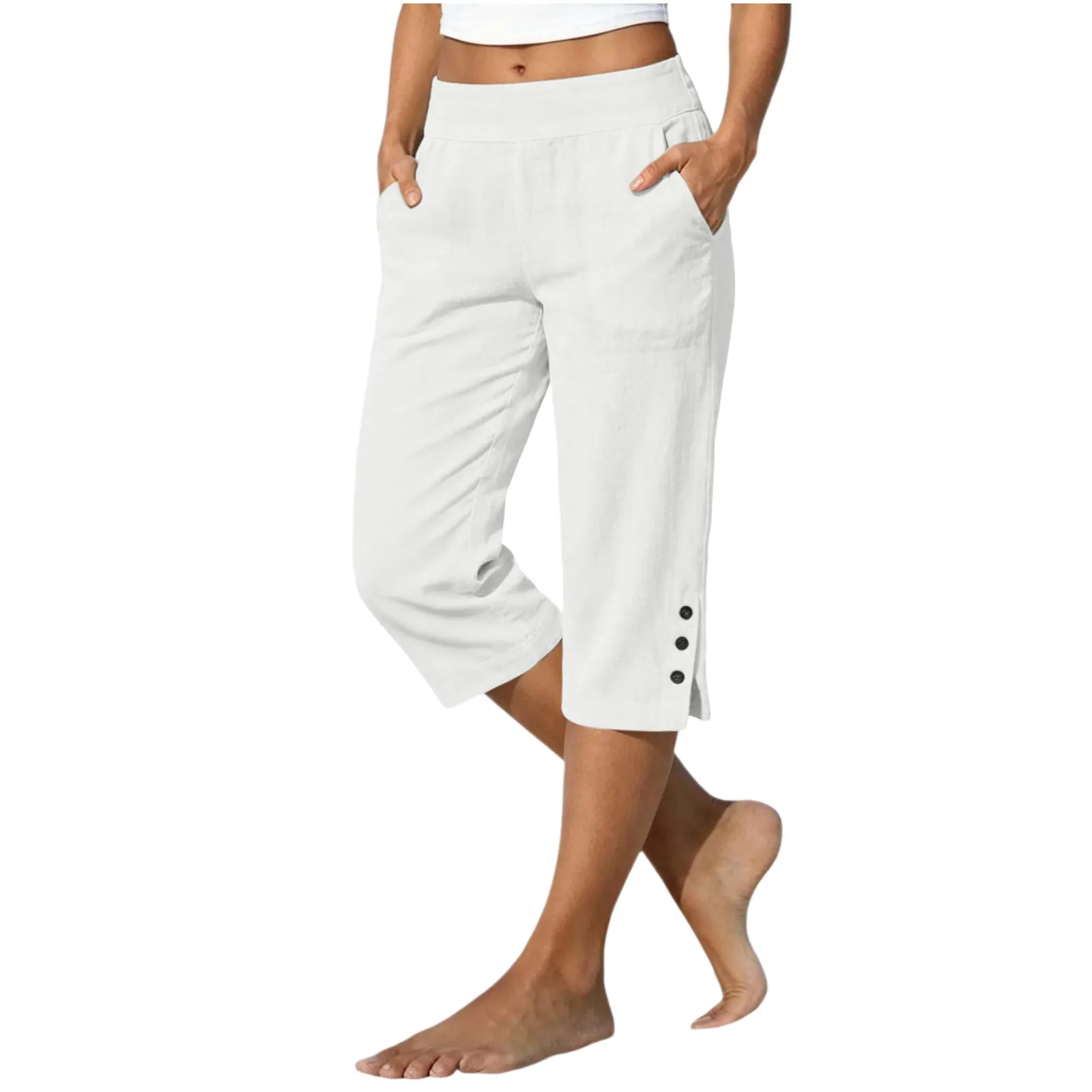 Women Summer Casual Vacation Capri Pants Elastic Straight Leg Split Slits Casual Pants With Pockets