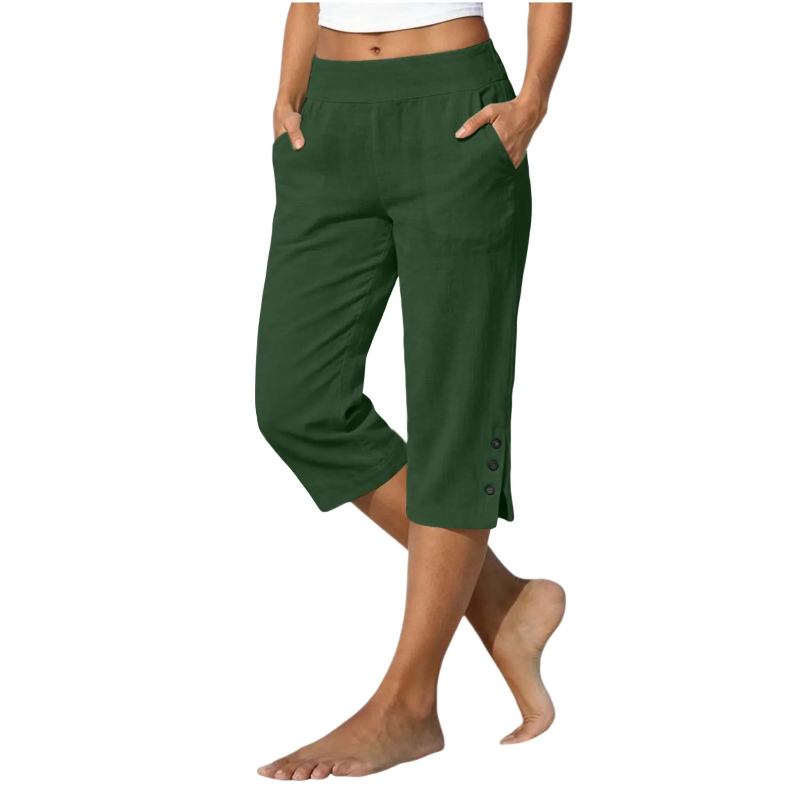 Women Summer Casual Vacation Capri Pants Elastic Straight Leg Split Slits Casual Pants With Pockets