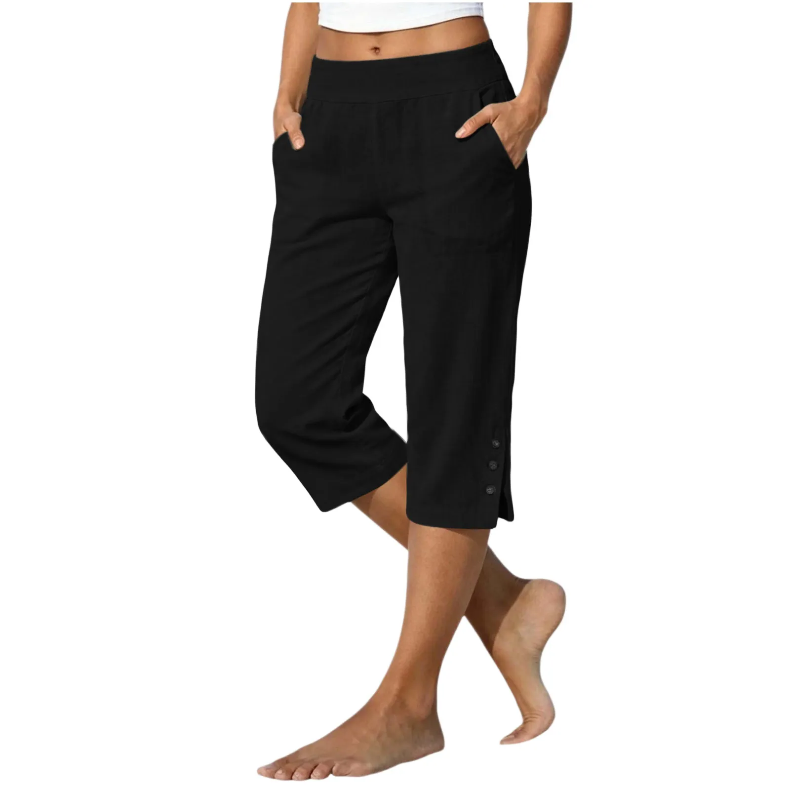 Women Summer Casual Vacation Capri Pants Elastic Straight Leg Split Slits Casual Pants With Pockets