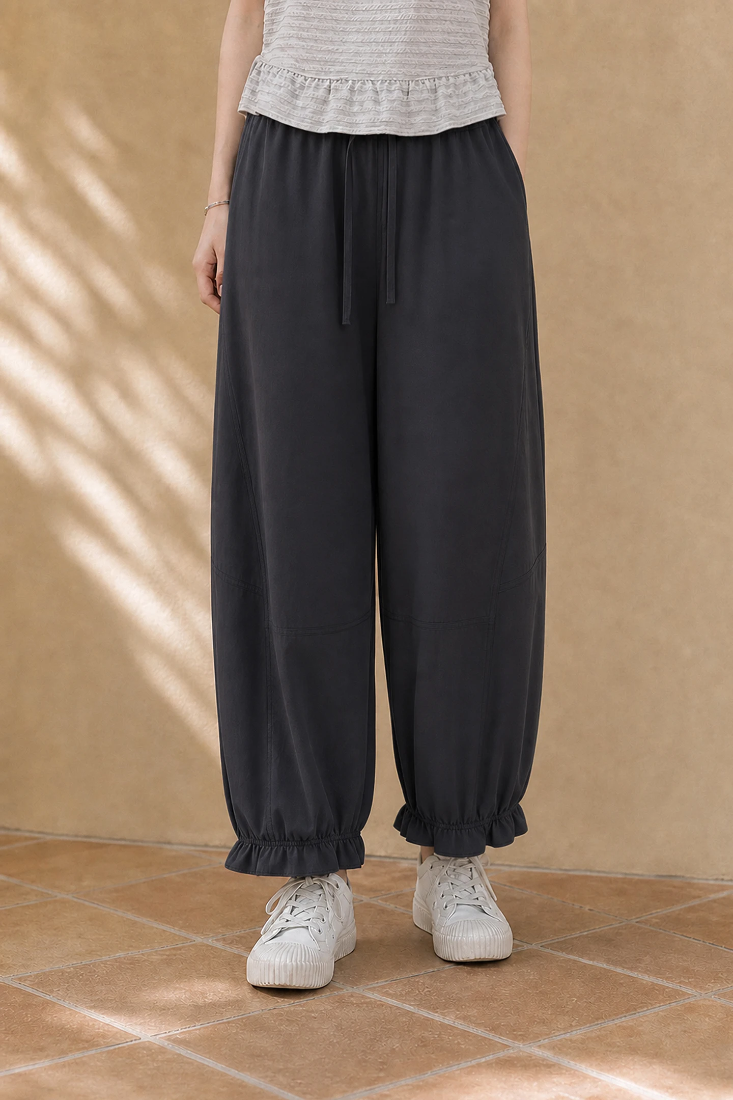 XIAOGULI 150-160cm Petite Women Pants Ankle Length Lantern Jogger Pants Elastic High Waist Wide Leg Lengthening Trousers