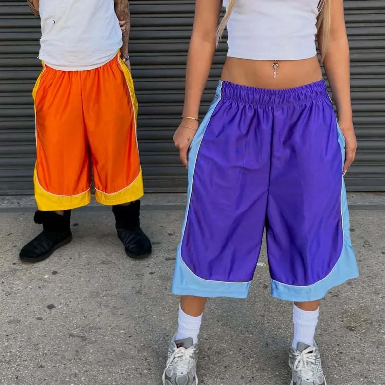 Women Couple American Retro Trendy Color Block Spliced Sports Capri Pants Elastic Waist Wide Leg Loose Versatile Casual Trousers
