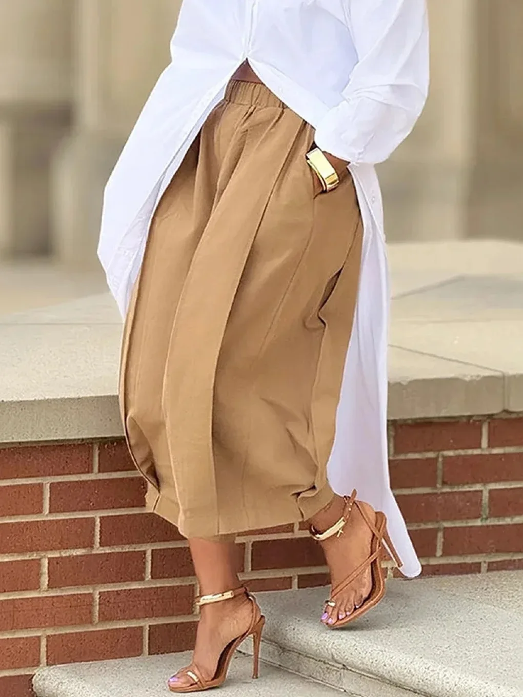 Women Casual Pants High Waist Elastic Waistband Front Pleats Loose Fit Wide Leg Pants Summer Lightweight Pockets Trousers