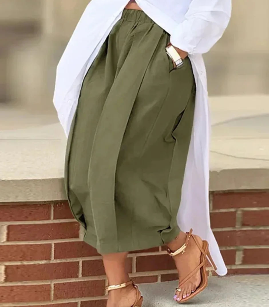 Women Casual Pants High Waist Elastic Waistband Front Pleats Loose Fit Wide Leg Pants Summer Lightweight Pockets Trousers