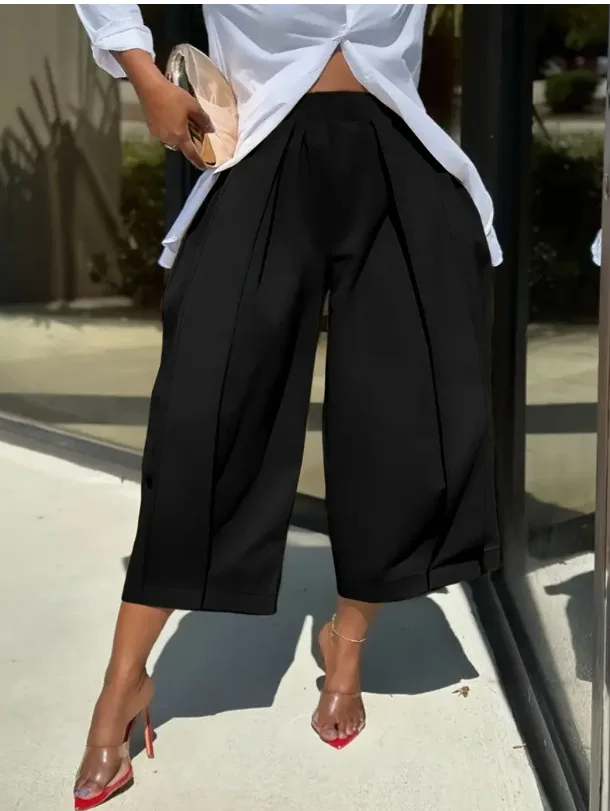 Women Casual Pants High Waist Elastic Waistband Front Pleats Loose Fit Wide Leg Pants Summer Lightweight Pockets Trousers