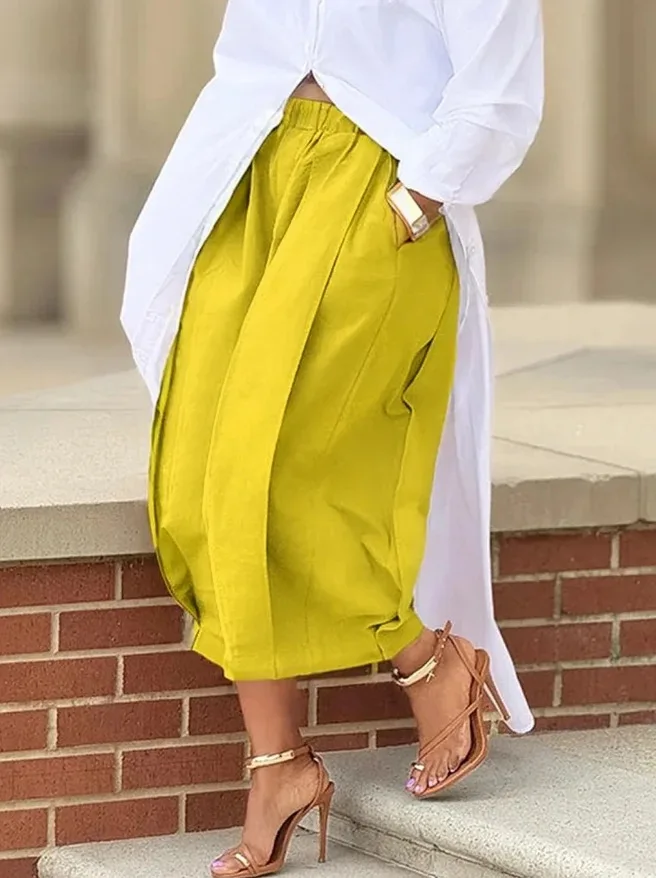 Women Casual Pants High Waist Elastic Waistband Front Pleats Loose Fit Wide Leg Pants Summer Lightweight Pockets Trousers