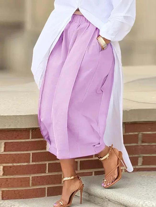 Women Casual Pants High Waist Elastic Waistband Front Pleats Loose Fit Wide Leg Pants Summer Lightweight Pockets Trousers