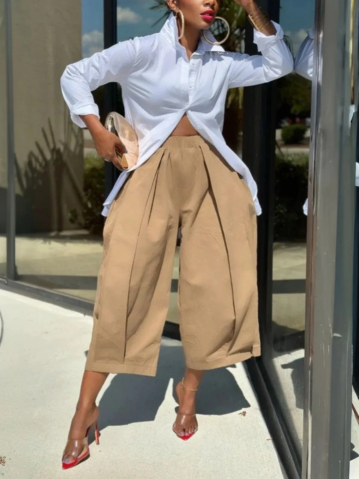 Women Casual Pants High Waist Elastic Waistband Front Pleats Loose Fit Wide Leg Pants Summer Lightweight Pockets Trousers
