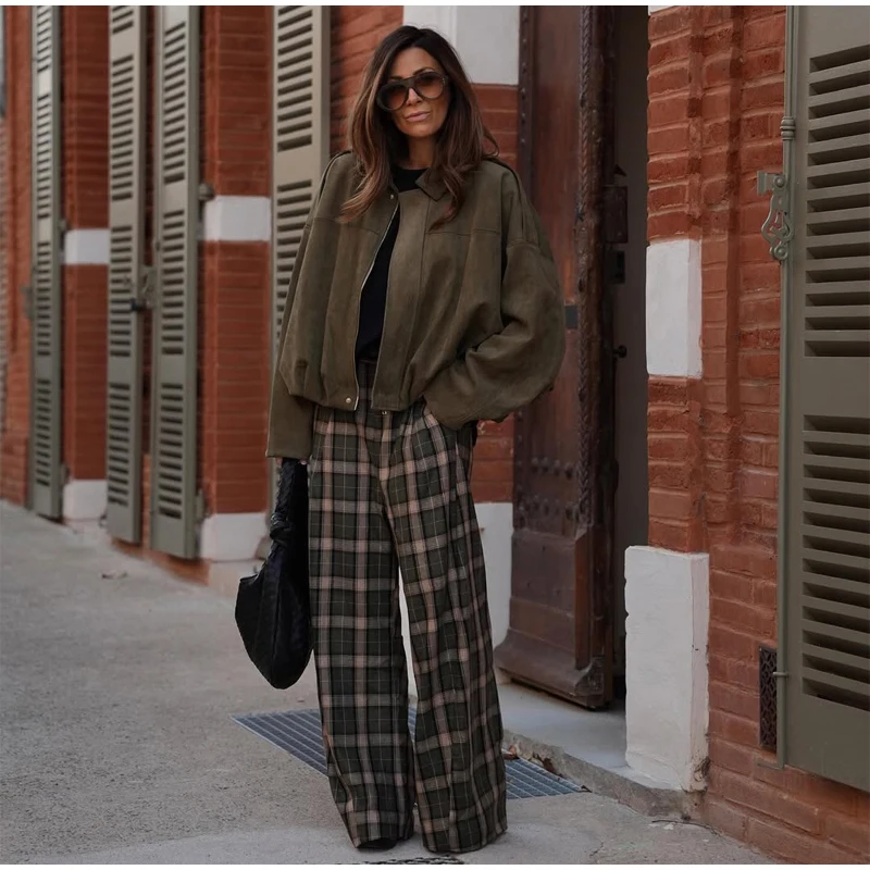 Chic Green Plaid Print Loose Pants Women Casual High Waist Straight Wide Leg Trousers Party Daily Classic Attire 2026 Spring