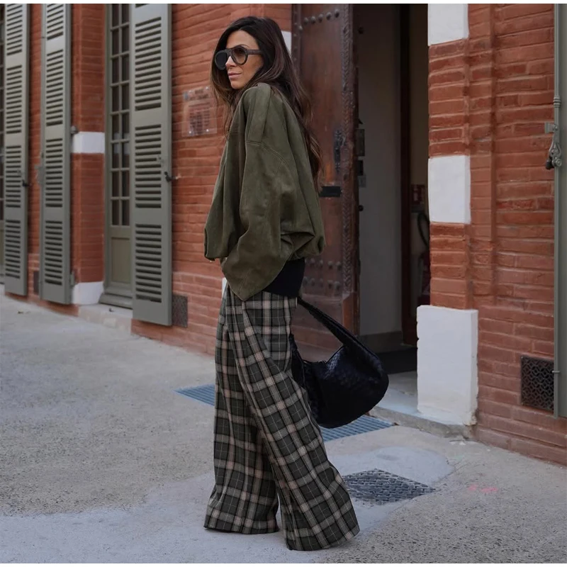 Chic Green Plaid Print Loose Pants Women Casual High Waist Straight Wide Leg Trousers Party Daily Classic Attire 2026 Spring