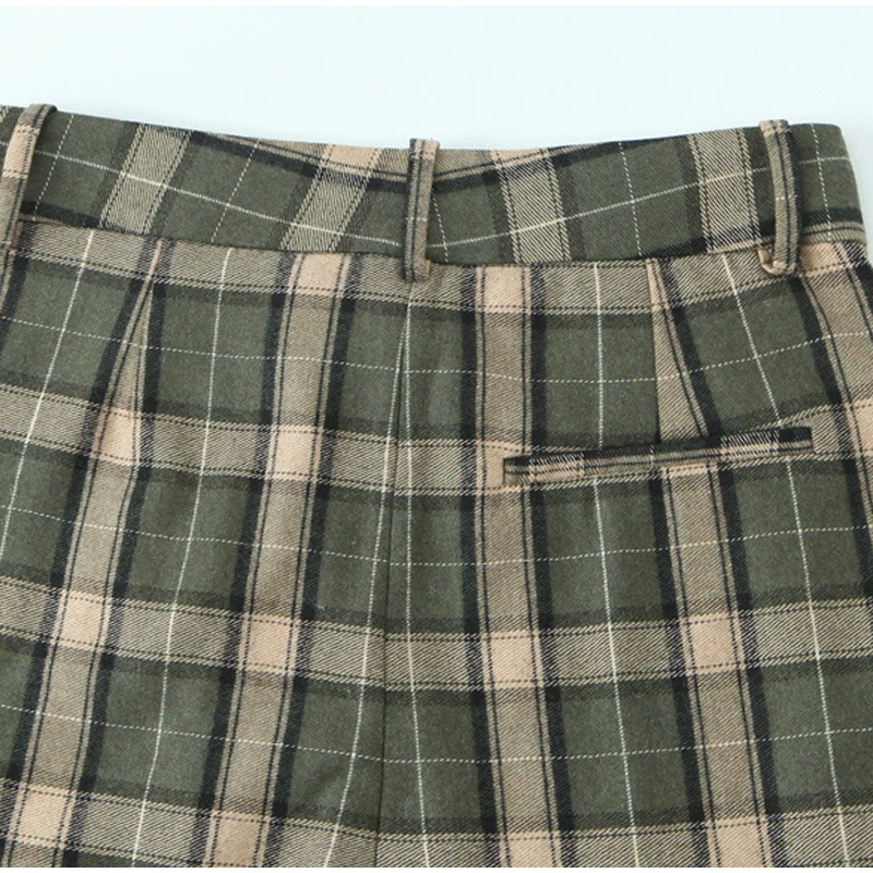 Chic Green Plaid Print Loose Pants Women Casual High Waist Straight Wide Leg Trousers Party Daily Classic Attire 2026 Spring