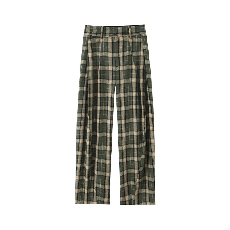 Chic Green Plaid Print Loose Pants Women Casual High Waist Straight Wide Leg Trousers Party Daily Classic Attire 2026 Spring