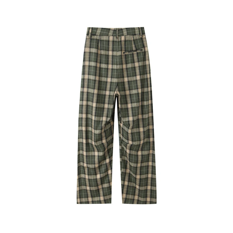 Chic Green Plaid Print Loose Pants Women Casual High Waist Straight Wide Leg Trousers Party Daily Classic Attire 2026 Spring