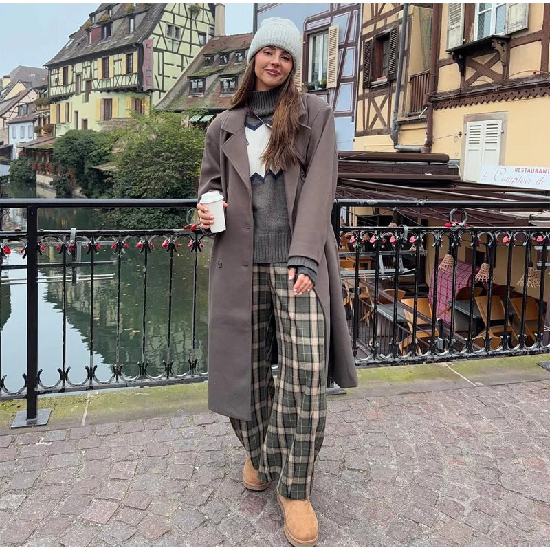 Chic Green Plaid Print Loose Pants Women Casual High Waist Straight Wide Leg Trousers Party Daily Classic Attire 2026 Spring