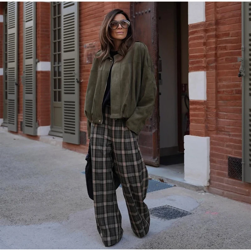 Chic Green Plaid Print Loose Pants Women Casual High Waist Straight Wide Leg Trousers Party Daily Classic Attire 2026 Spring