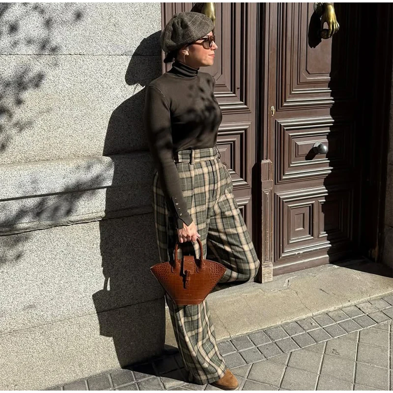 Chic Green Plaid Print Loose Pants Women Casual High Waist Straight Wide Leg Trousers Party Daily Classic Attire 2026 Spring