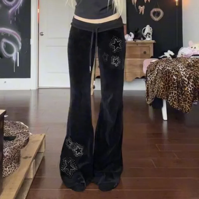 Goth Dark Techwear Fashion Stars Rhinestone Drawstring Pants Mall Goth Streetwear 90s Grunge Soft Velvet Trousers Women Y2K Pant