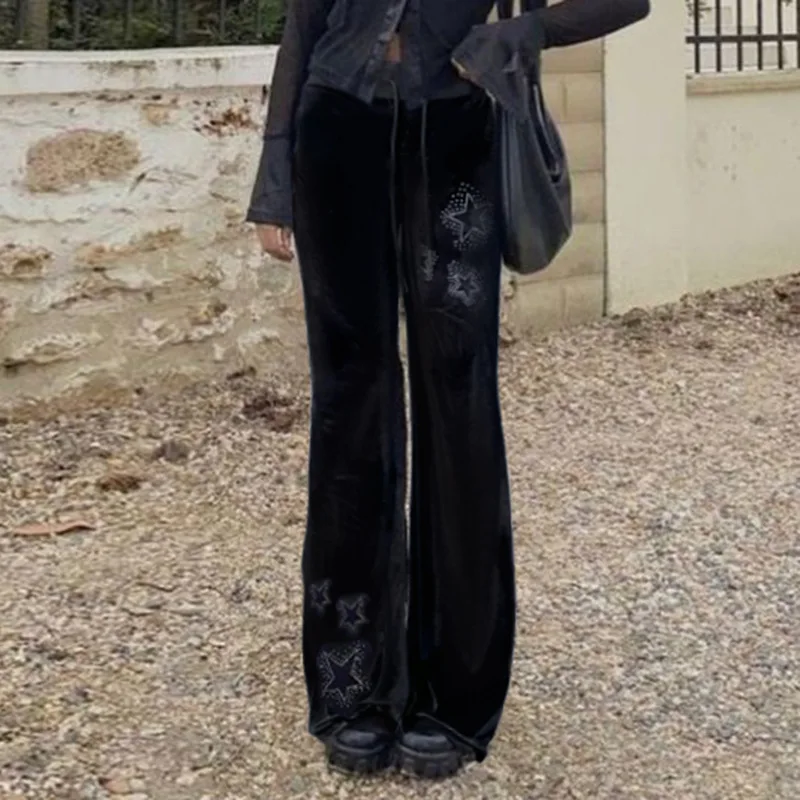 Goth Dark Techwear Fashion Stars Rhinestone Drawstring Pants Mall Goth Streetwear 90s Grunge Soft Velvet Trousers Women Y2K Pant