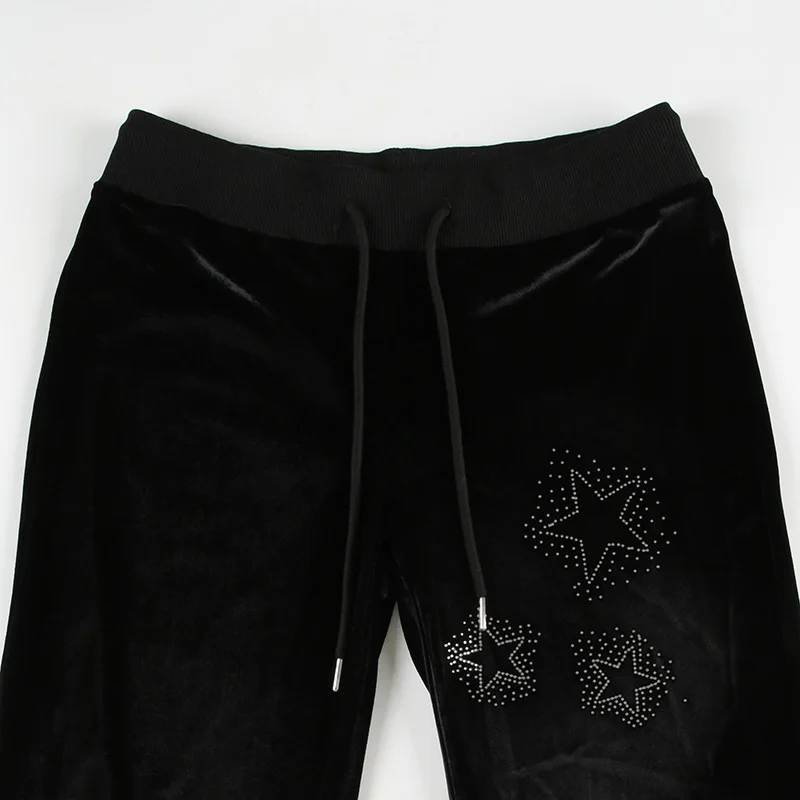 Goth Dark Techwear Fashion Stars Rhinestone Drawstring Pants Mall Goth Streetwear 90s Grunge Soft Velvet Trousers Women Y2K Pant