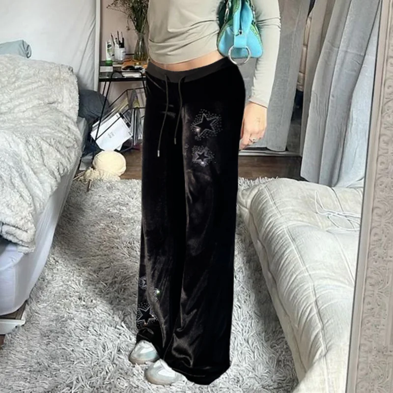 Goth Dark Techwear Fashion Stars Rhinestone Drawstring Pants Mall Goth Streetwear 90s Grunge Soft Velvet Trousers Women Y2K Pant