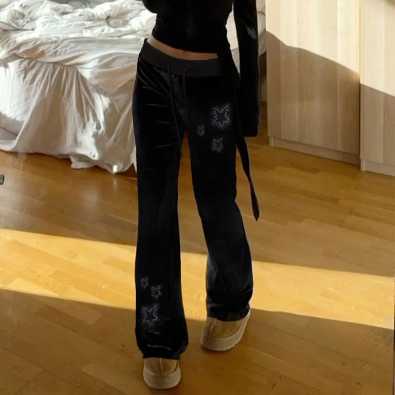 Goth Dark Techwear Fashion Stars Rhinestone Drawstring Pants Mall Goth Streetwear 90s Grunge Soft Velvet Trousers Women Y2K Pant