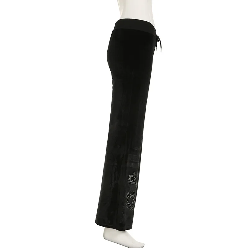 Goth Dark Techwear Fashion Stars Rhinestone Drawstring Pants Mall Goth Streetwear 90s Grunge Soft Velvet Trousers Women Y2K Pant