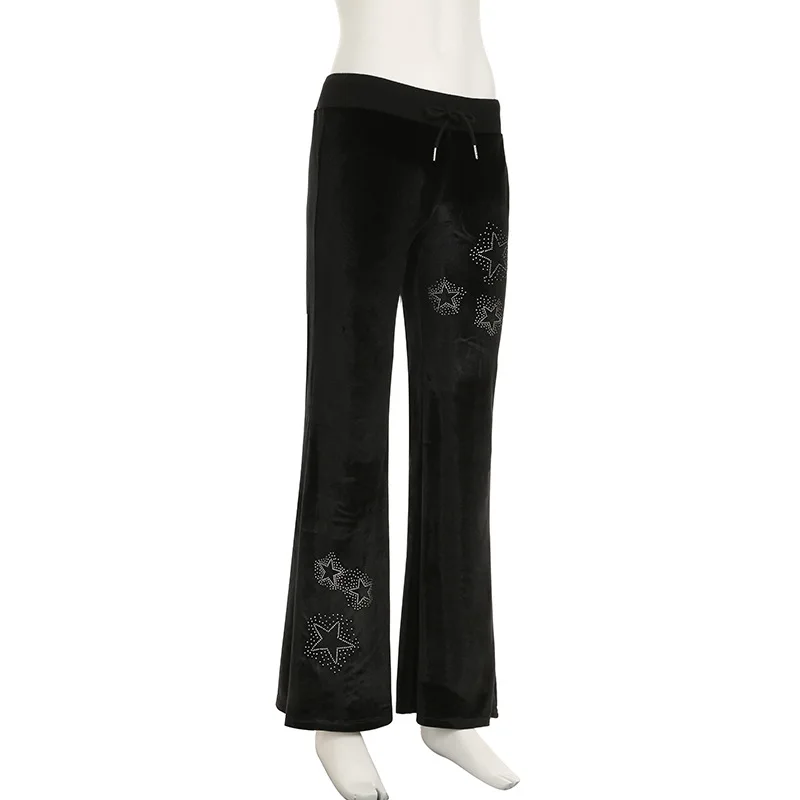 Goth Dark Techwear Fashion Stars Rhinestone Drawstring Pants Mall Goth Streetwear 90s Grunge Soft Velvet Trousers Women Y2K Pant