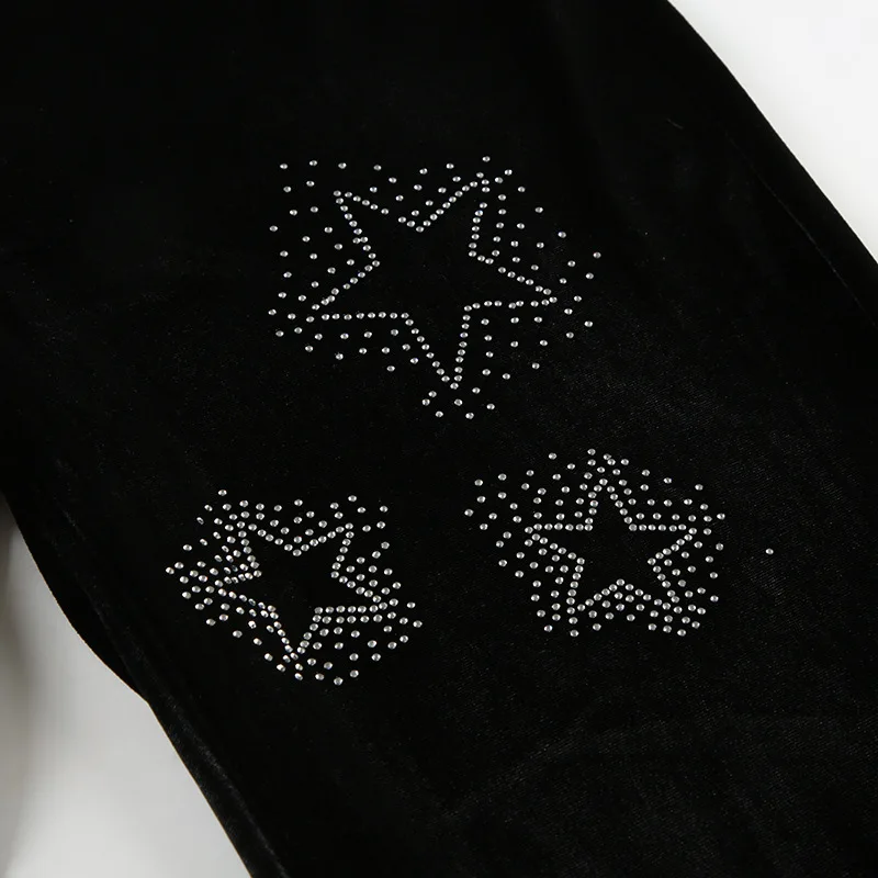 Goth Dark Techwear Fashion Stars Rhinestone Drawstring Pants Mall Goth Streetwear 90s Grunge Soft Velvet Trousers Women Y2K Pant