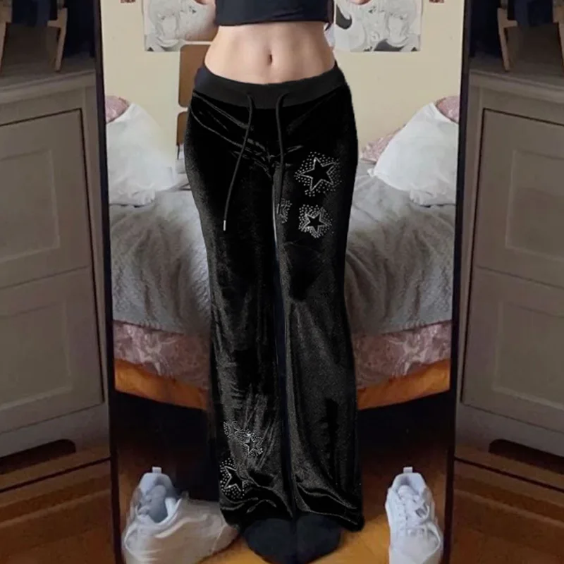 Goth Dark Techwear Fashion Stars Rhinestone Drawstring Pants Mall Goth Streetwear 90s Grunge Soft Velvet Trousers Women Y2K Pant