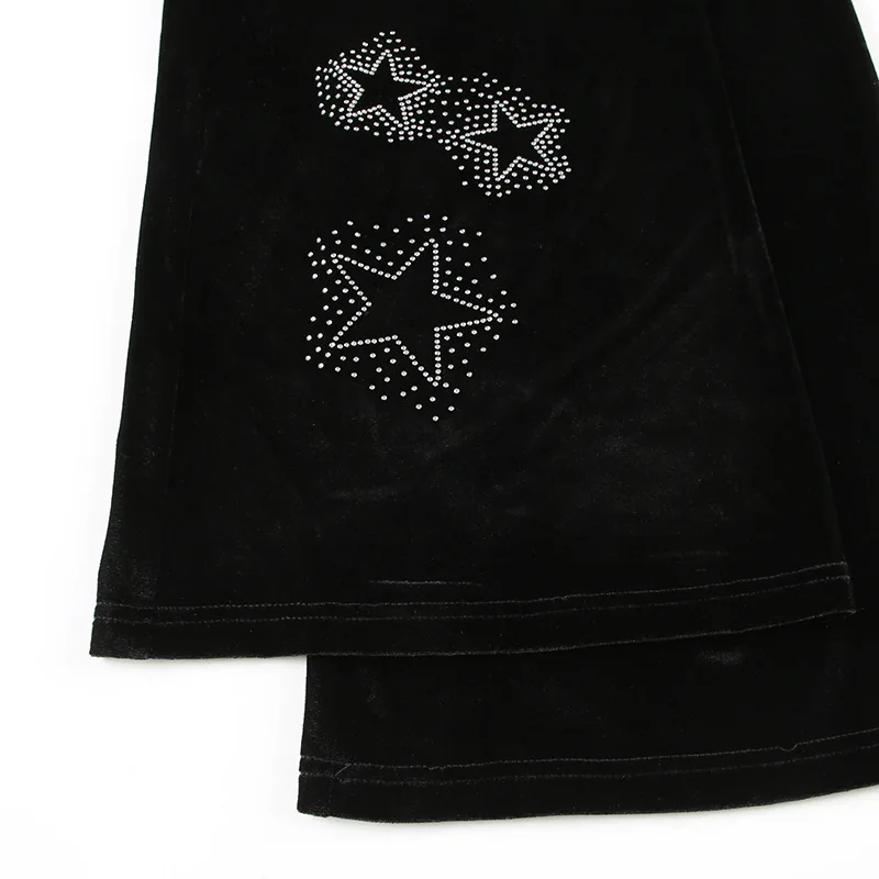 Goth Dark Techwear Fashion Stars Rhinestone Drawstring Pants Mall Goth Streetwear 90s Grunge Soft Velvet Trousers Women Y2K Pant