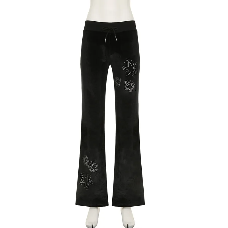 Goth Dark Techwear Fashion Stars Rhinestone Drawstring Pants Mall Goth Streetwear 90s Grunge Soft Velvet Trousers Women Y2K Pant