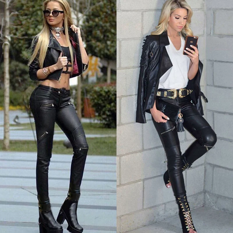 Stretch Faux Pu Leather Pants Women Skin Tight Motorcycle Gothic Punk Rock Pencil Trousers Zipper Moto Biker Leggings Black XS