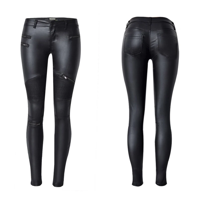 Stretch Faux Pu Leather Pants Women Skin Tight Motorcycle Gothic Punk Rock Pencil Trousers Zipper Moto Biker Leggings Black XS