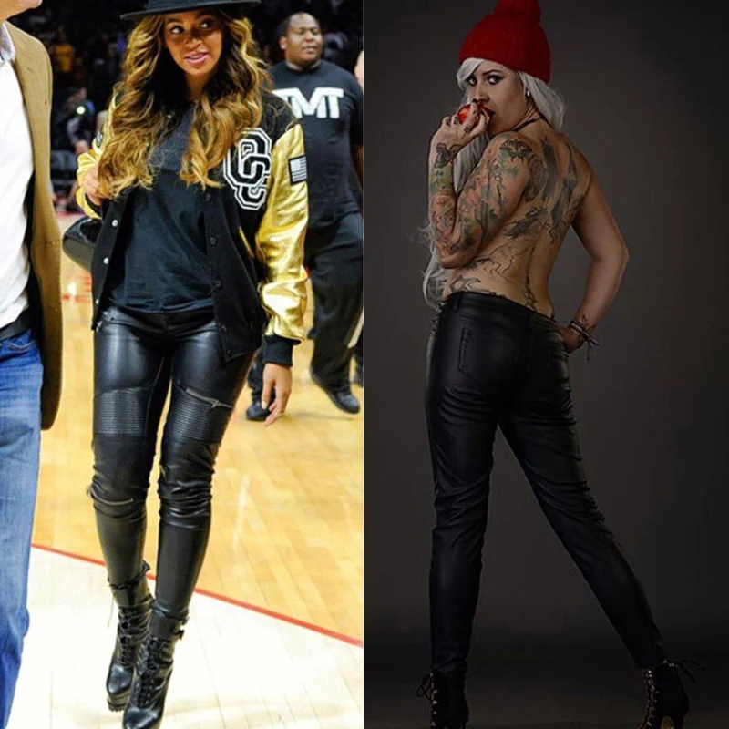 Stretch Faux Pu Leather Pants Women Skin Tight Motorcycle Gothic Punk Rock Pencil Trousers Zipper Moto Biker Leggings Black XS