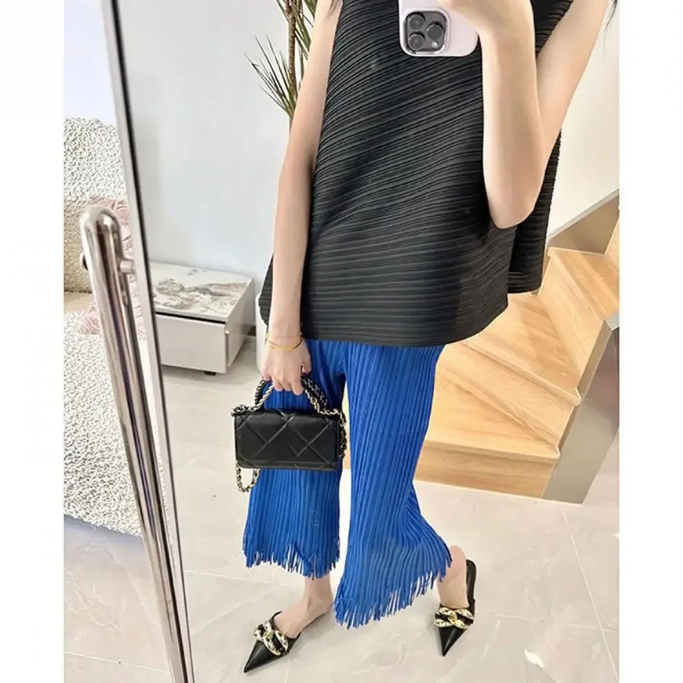 Miyake Pleated Fringe Women's Wide-legged Pants New Loose Plus Size High Waist Slim Fashion Folded Solid Color Straight Pants