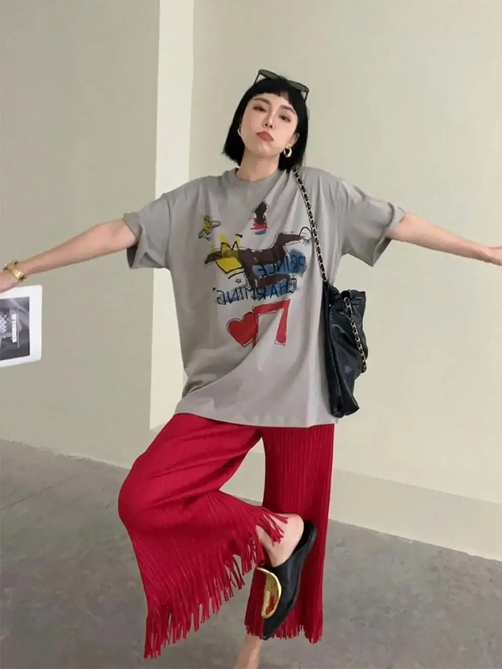 Miyake Pleated Fringe Women's Wide-legged Pants New Loose Plus Size High Waist Slim Fashion Folded Solid Color Straight Pants